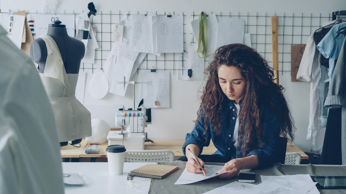 Styliste au travail sur un poste de développement produit, croquis et patronage